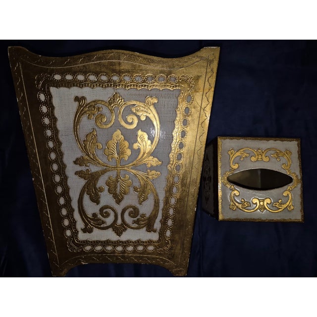 This is a matching vintage-style bathroom or vanity set, consisting of a tall wastebasket and a square tissue box cover....