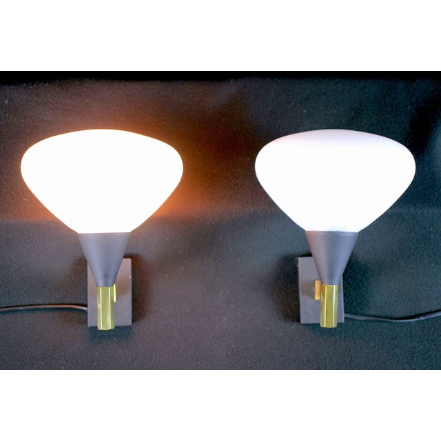 Mid-Century Modern Stilnovo, Pair of Sconces, Brass, Glass Opaline, Italy 1950 For Sale - Image 3 of 5