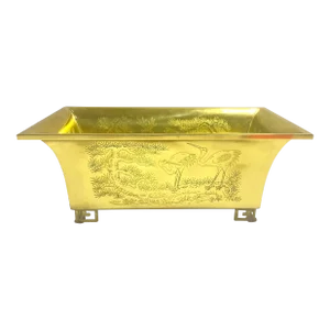 Asian Engraved Brass Footed Planter Cachepot – Vintage Chinoiserie Brass Jardiniere