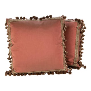 Late 20th Century Silk Pillows With Applied Tape and Passementerie Fringe Trim in Subtle Red Color- a Pair For Sale