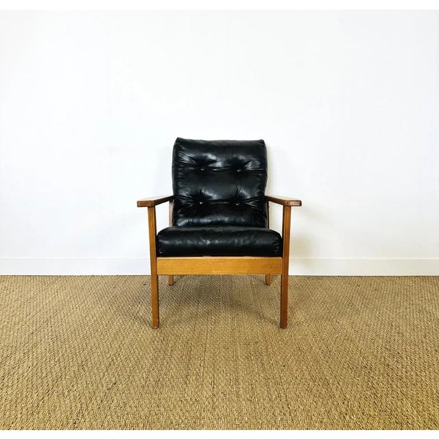 Scandinavian Armchair in Teak and Black Leather, 1960s For Sale - Image 3 of 11