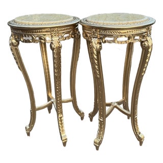 1970s Artisan Louis XVI Gold Beech Marble Tables-Pair For Sale