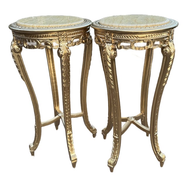 1970s Artisan Louis XVI Gold Beech Marble Tables-Pair For Sale