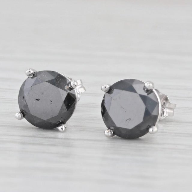 Art Deco New 3.45ctw Black Diamond Stud Earrings 14k White Gold Round Solitaires - 2 Pieces For Sale - Image 3 of 6