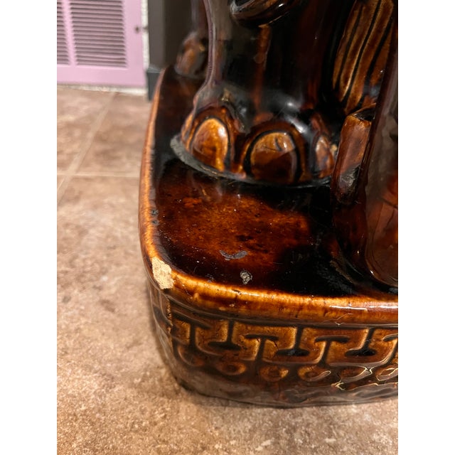 Vintage Brown Glazed Ceramic Elephant Garden Stool or Side Table (Single) For Sale - Image 6 of 12