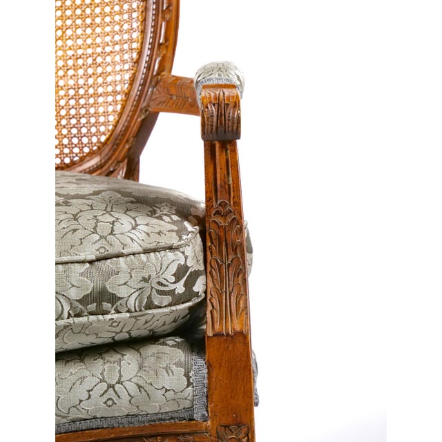Burnt Umber Early 20th Century Louis XVI Style Walnut Caned Needlepoint Lounge Chairs For Sale - Image 8 of 13