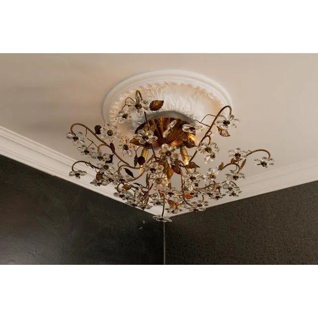Large Italian Hollywood Regency Crystal Glass Flower Ceiling Light, 1950s For Sale - Image 6 of 18