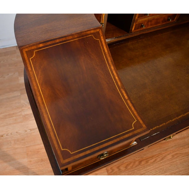 1930s English Regency Mahogany Inlaid & Leather Top Carlton Writing Desk For Sale - Image 14 of 18