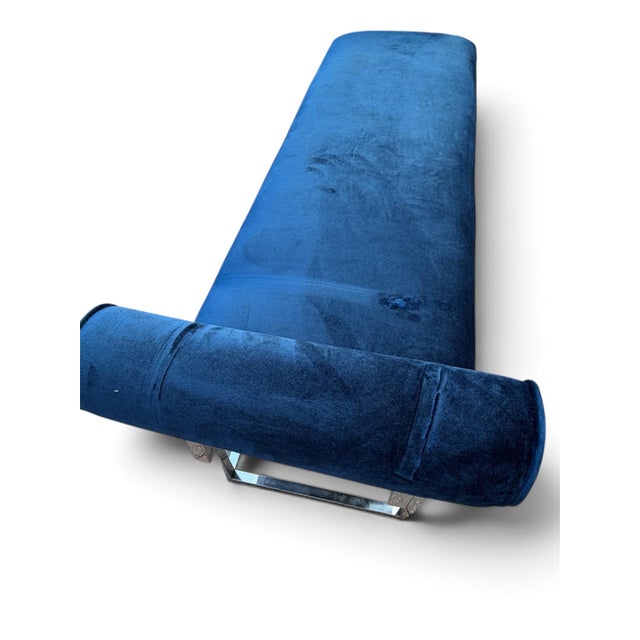 Metal Pair of Hollywood Regency Cobalt Blue Velvet & Chrome Benches For Sale - Image 7 of 11
