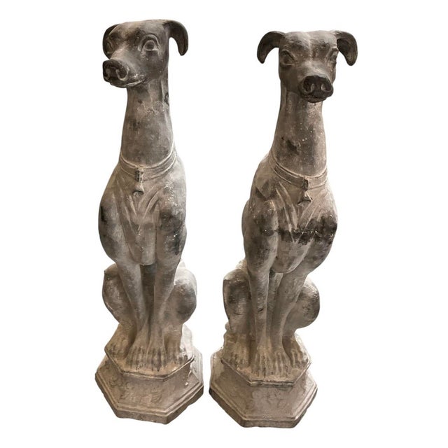 Hollywood Regency Pair of Mid-Century Hollywood Regency Cast Iron Seated Sighthound Statues For Sale - Image 3 of 12