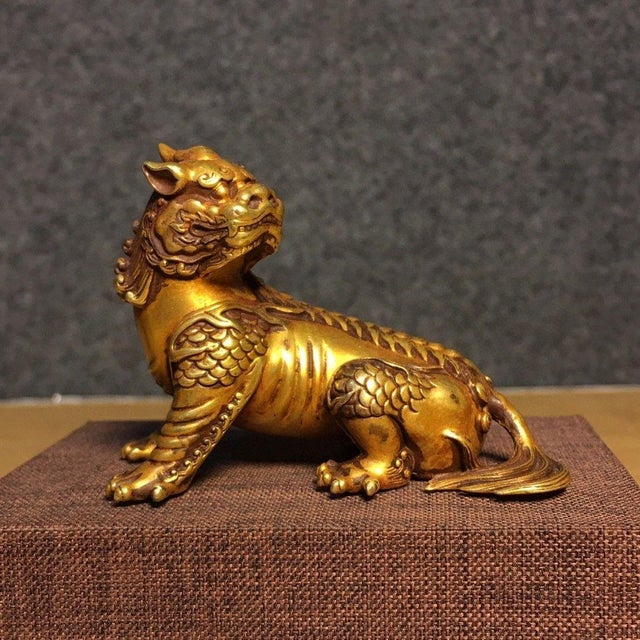 Vintage Gilt Copper Figure of Diting – Mythical Beast Statue For Sale - Image 4 of 9