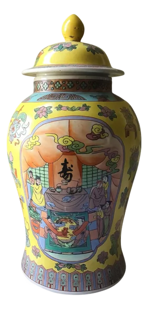 Antique Chinese Porcelain XL Ginger Jar With Lid — Yellow Ground With Figural & Floral Motifs