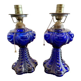 Late 19th Century Pair Cobalt Blue Coolidge Drape Oil Lamps-Converted Electric-Victorian Table For Sale