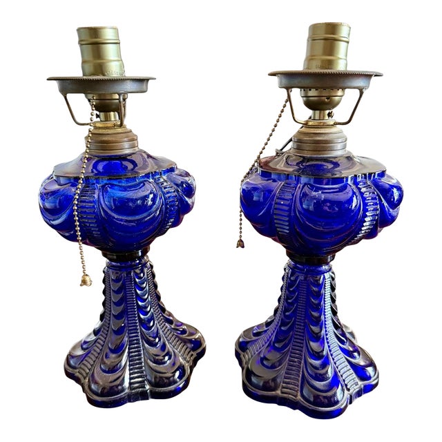Late 19th Century Pair Cobalt Blue Coolidge Drape Oil Lamps-Converted Electric-Victorian Table For Sale