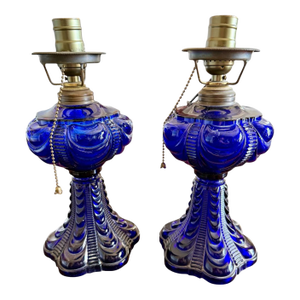 Late 19th Century Pair Cobalt Blue Coolidge Drape Oil Lamps-Converted Electric-Victorian Table
