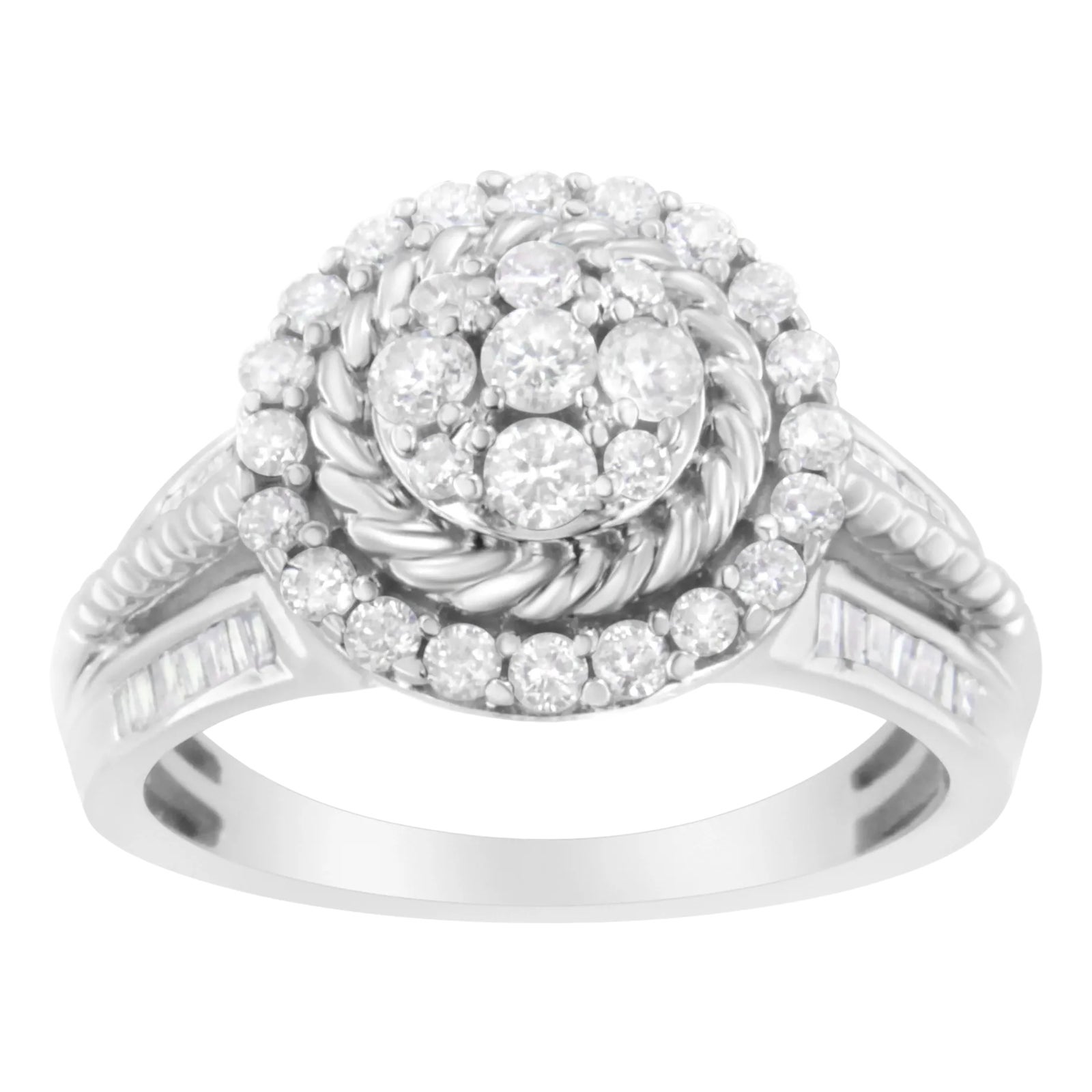 .925 Sterling Silver 1 cttw Baguette and Round-Cut Diamond Halo and ...