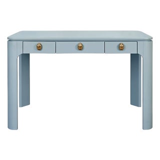 Matthew Izzo Home Theo Light Blue Matte Lacquer Desk With Brass Beetle Knobs For Sale