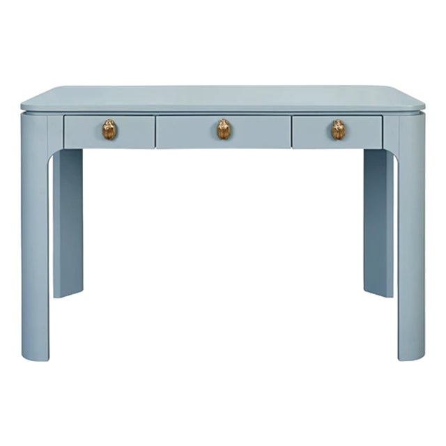 Matthew Izzo Home Theo Light Blue Matte Lacquer Desk With Brass Beetle Knobs For Sale