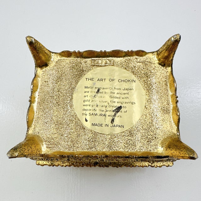 Vintage Japanese Chokin Jewelry Box, Peacock Trinket Box, Gilded Metal Keepsake Box, Made in Japan, Gold Tone Vanity Decor For Sale In Los Angeles - Image 6 of 12