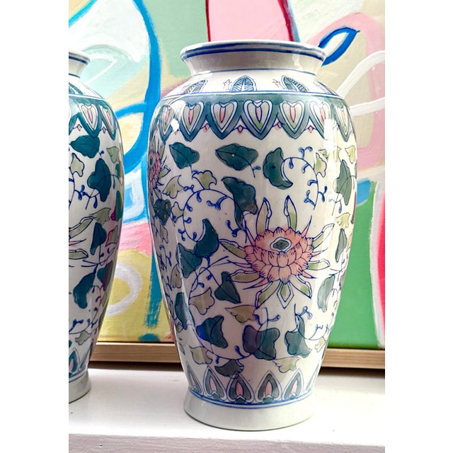Hand-Painted Chinese Chinoiserie Floral Vases - A Pair For Sale - Image 4 of 11