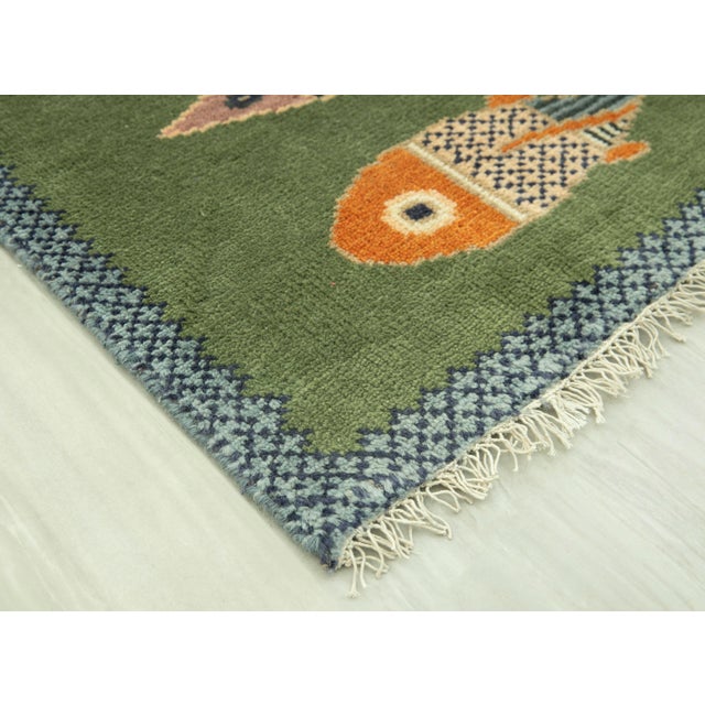 Koi Fish Olive Green Hand Knotted Runner Rug 2.6x6Ft. For Sale - Image 10 of 18