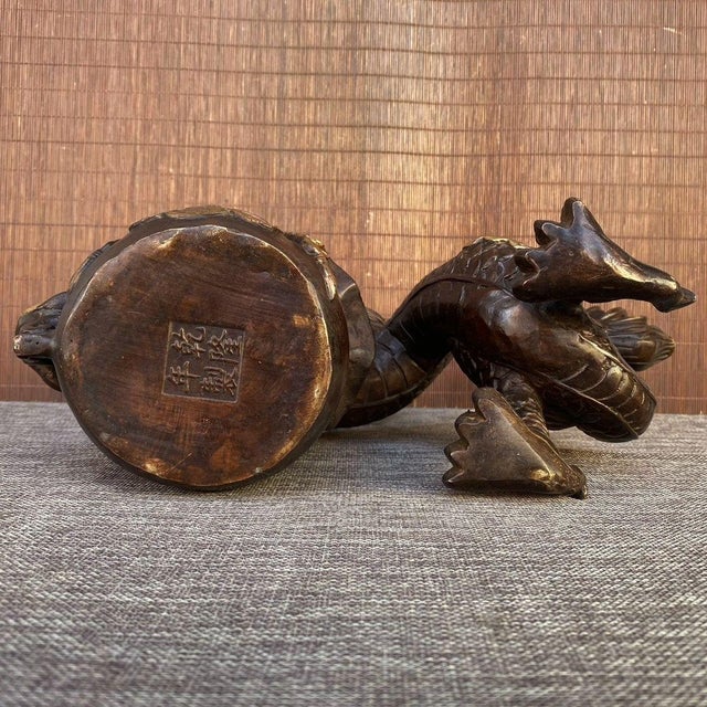 Late 20th Century Gilt Bronze Dragon on Treasure Basin Sculpture For Sale - Image 9 of 9