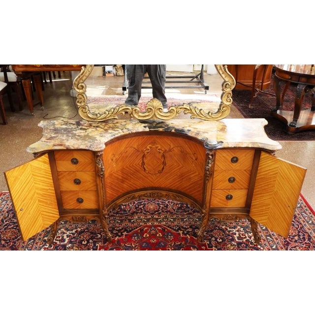 French French Louis XV Style Walnut and Satinwood Inlaid Marble Top Vanity Circa 1920's For Sale - Image 3 of 14
