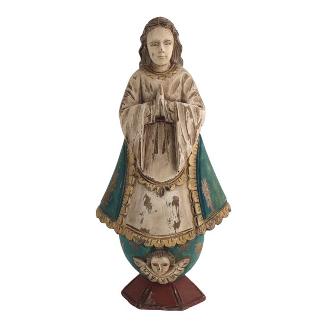 Antique VTG Hand Carved Wooden Santo, Spanish Colonial Folk Art, 17.5" Tall For Sale