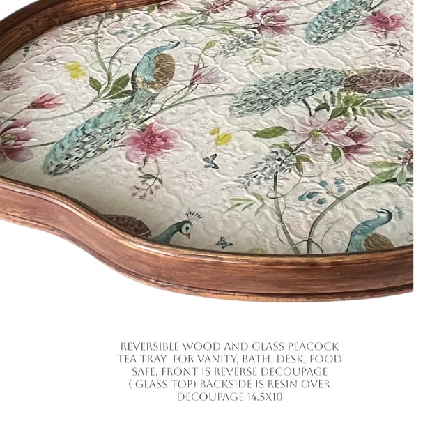 Chinoiserie Peacock Botanical Reversible Wood and Glass Tray for Tea, Vanity, Bath; 14.5x10 Studio Original Statement Piece For Sale - Image 4 of 5