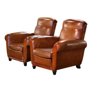 Pair of 1920s French Art Deco Club Armchairs With Original Brown Leather For Sale