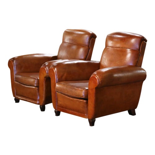 Pair of 1920s French Art Deco Club Armchairs With Original Brown