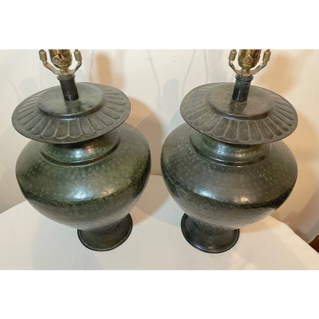 Modern 1990s Large Pair of Modern Hand Made Hand Hammered Patinated Bronze Table Lamps For Sale - Image 3 of 12