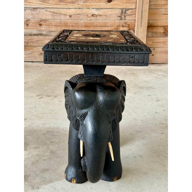 Black Mid-20th Century Hand-Carved Elephant Side Table With Bone Inlay Top For Sale - Image 8 of 12