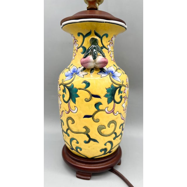 Vintage Chinese Floral Hand-Painted Porcelain Lamp With Applied Fruit Handles - Chinoiserie, Traditional, Asian For Sale - Image 11 of 14