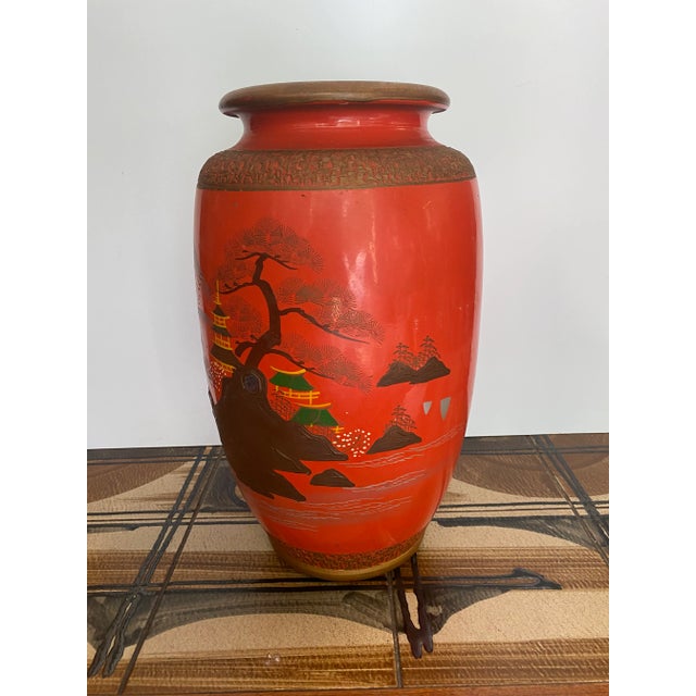 Orange 1920s Chinoiserie Cinnabar Style Mother of Pearl Colored Orange Vase For Sale - Image 8 of 9