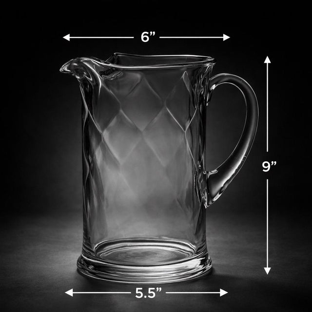 Vintage Clear Glass Diamond Optic Water Pitcher – 9" Tall | Sculptural Handle | Tableware & Floral Vase A beautifully...