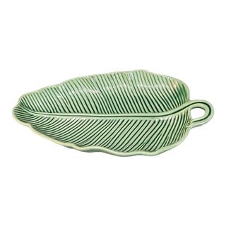 Late 20th Century Vintage Mikasa Green Glazed Pottery Tropical Banana Leaf Dish, Made in Portugal For Sale