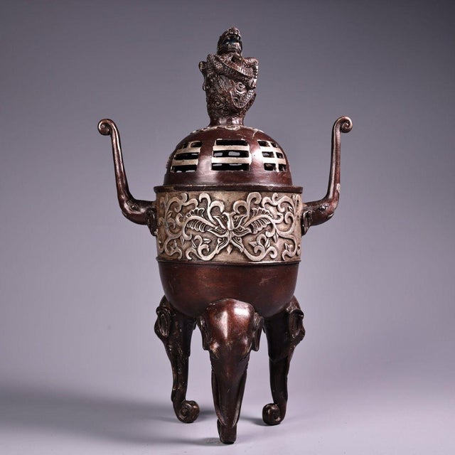 Asian Bronze & Silver-Inlaid Tripod Censer With Elephant Legs & Bagua Lid For Sale - Image 3 of 8