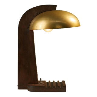 Modernist Table Lamp with Oak Base and Brass Shade, France For Sale