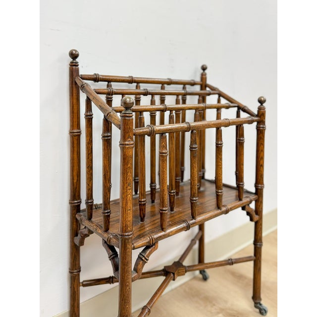 Vintage Magazine Rack English Canterbury Dark Faux Bamboo Wheels Rare Find For Sale - Image 10 of 10