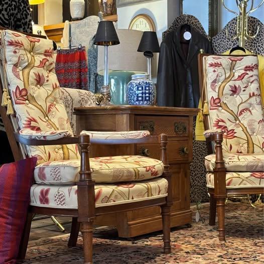 Pair of Mid Century Regency Style Wood Frame Armchairs With Waverly Style Upholstery Fabric and Brass Finial and Tassel...