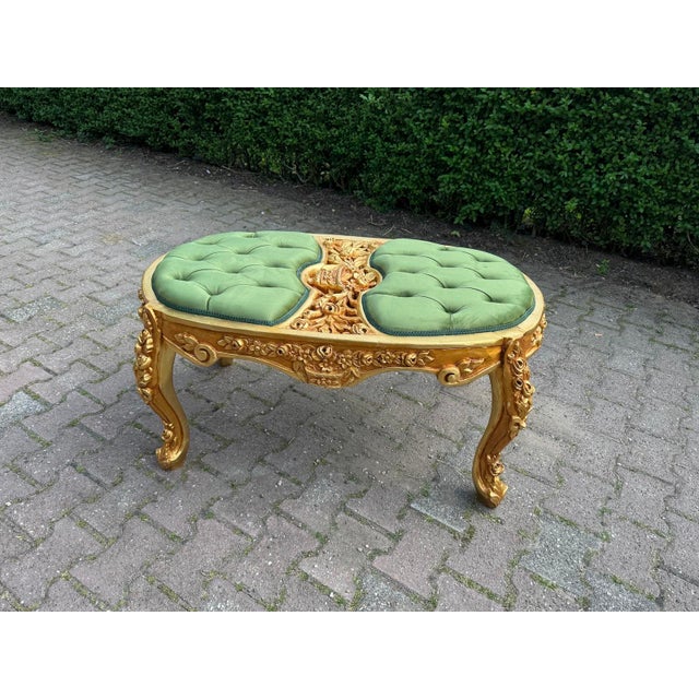 Baroque 1980 Italian Baroque Gold Beech Green Velvet Bench - 1 Pc For Sale - Image 3 of 13