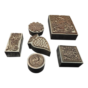 Vintage 1970s Indian Se Asian Copper Wood Fabric Print Blocks- Set of 6