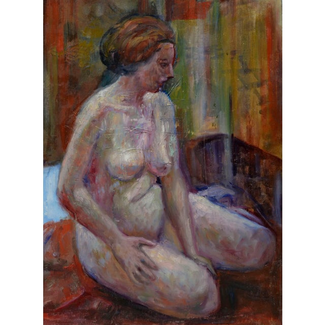 Mid Century figurative painting of a pensive sitting nude figure with moody, mid-century color palette in the background....