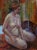 Mid Century figurative painting of a pensive sitting nude figure with moody, mid-century color palette in the background....