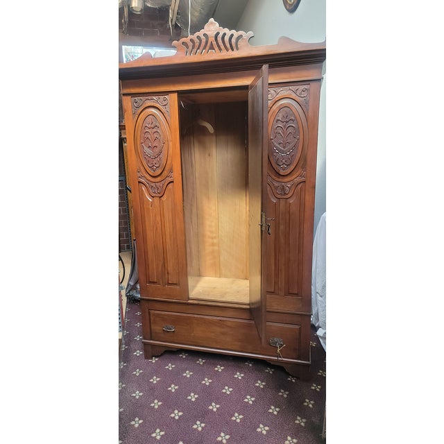 1900 - 1909 Antique Art Nouveau Victorian Walnut Armoire With Mirror For Sale - Image 5 of 8