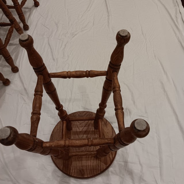 Vintage Rustic Farmhouse Solid Oak Tell City Backless Barstool With Paisley Print Seat Cushion For Sale - Image 9 of 17