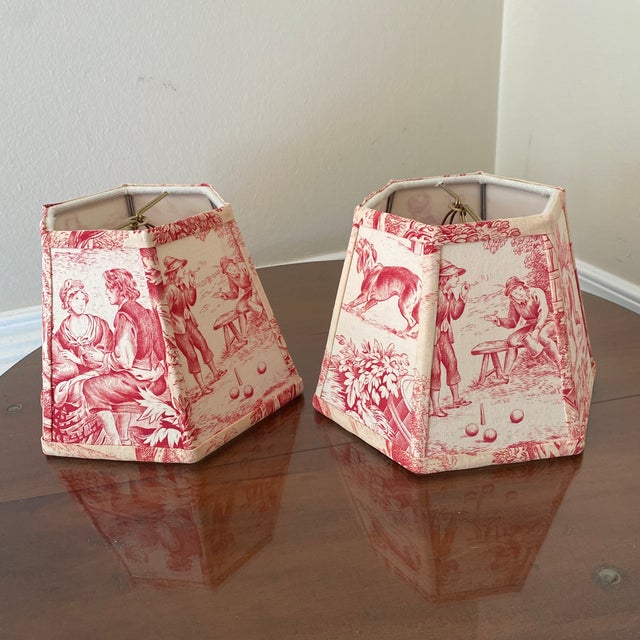 French Late 20th Century French Toile Sconces Lamp Shades ~ a Pair For Sale - Image 3 of 12
