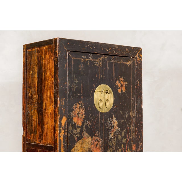 Qing Dynasty Hand-Painted Cabinet with Floral Décor, Doors and Drawers For Sale - Image 12 of 12