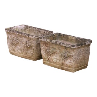 Pair of 19th Century French Cast Stone Garden Planters With Grapevine Motif For Sale